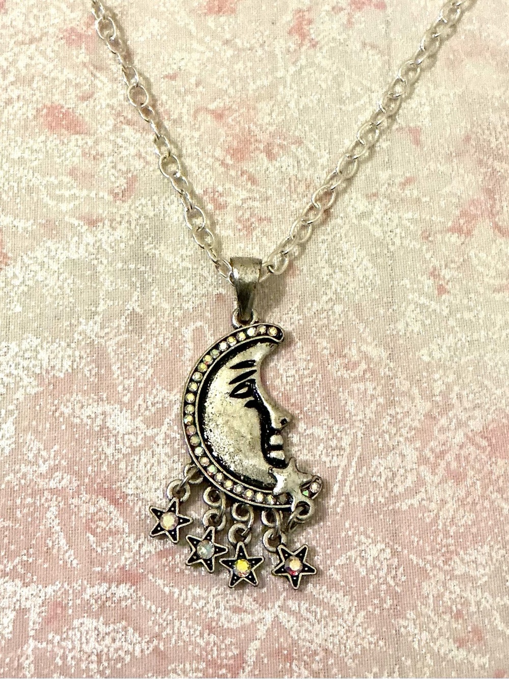 Silver Crescent Moon and Star Pendant Necklace - Silver